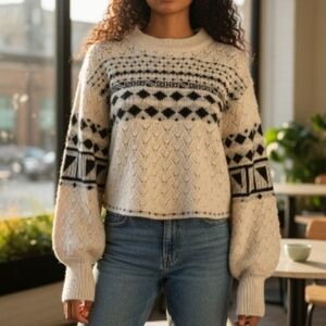 Free People Womens S Wool Cropped Sweater Cream Knit Long Sleeve Pullover Boho